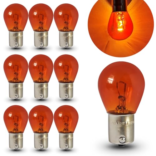 Tesnaao 10 PCS Car 1156 Turn Signal Light, P21W 1141 S25 Waterproof High Brightness Stable Filament Halogen Bulb, 12V 21W BA15S Single Contact Long Life Bulb Replacement, Universal for Cars (Amber) - Image 1