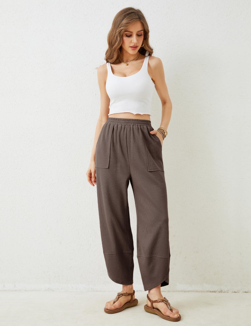 Himosyber Women Cotton Pants Wide Leg Pants Casual Loose Baggy Elastic Waist Beach Palazzo Harem Pants (Coffee-M) - Image 3