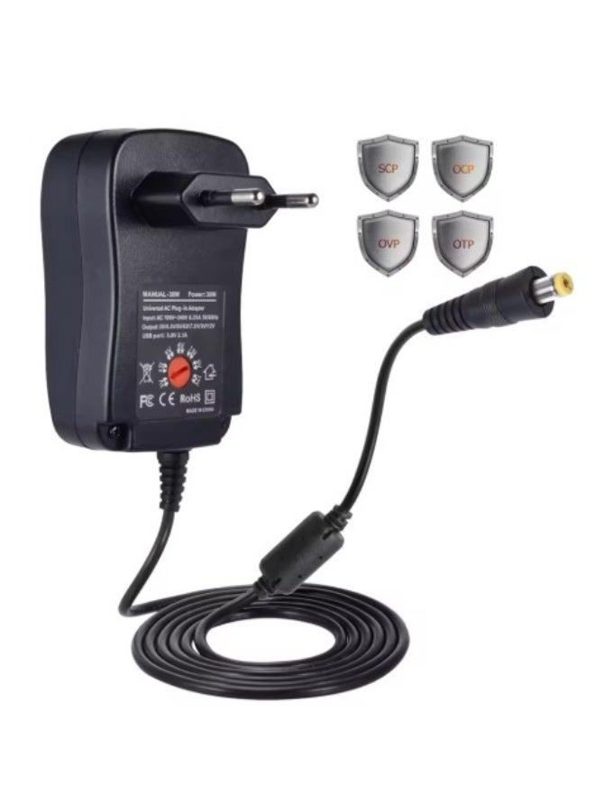 Terabyte 30W Universal Power Adapter 3V 4.5V 5V 6V 7.5V 9V 12V AC DC Power Adapter Charger + 5V 2.1A USB Port with 8pcs Jack - Black - Image 1