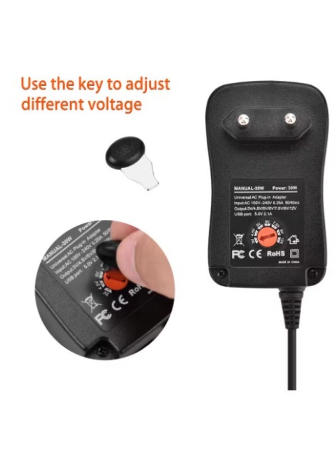 Terabyte 30W Universal Power Adapter 3V 4.5V 5V 6V 7.5V 9V 12V AC DC Power Adapter Charger + 5V 2.1A USB Port with 8pcs Jack - Black - Image 3