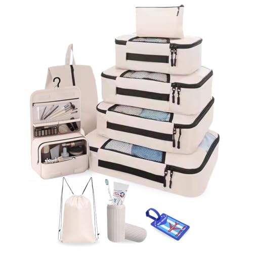 OCEANEVO Set of 10 Packing Cubes with Luggage Tag and Toothbrush Holder, Travel Organizer Bags for Luggage, Suitcase Organizer for Clothes, Shoes, and Lingerie | Model 2.0 – Beige - Image 1