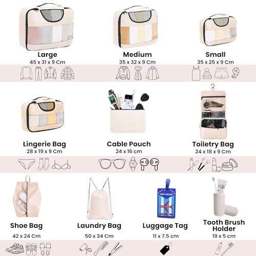 OCEANEVO Set of 10 Packing Cubes with Luggage Tag and Toothbrush Holder, Travel Organizer Bags for Luggage, Suitcase Organizer for Clothes, Shoes, and Lingerie | Model 2.0 – Beige - Image 2