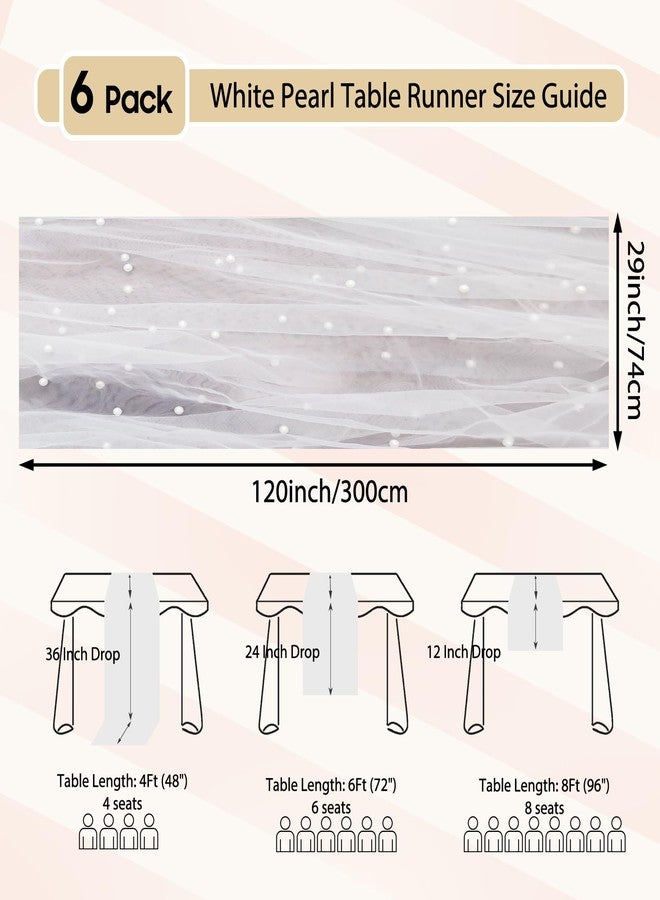 Psasrm Set of 6 Pearl Table Runner 10ft, 29 * 120 Inch White Table Cloth Pearl Sheer Tulle Table Cover,Pearl Table Runner for Wedding Party Baby Shower Birthday Home Decor - Image 2