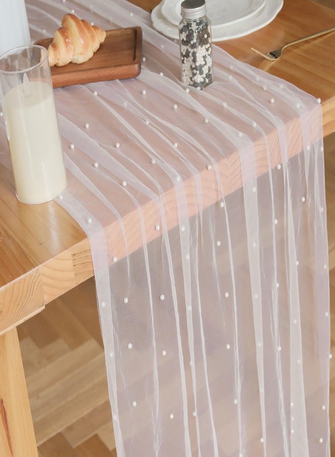 Psasrm Set of 6 Pearl Table Runner 10ft, 29 * 120 Inch White Table Cloth Pearl Sheer Tulle Table Cover,Pearl Table Runner for Wedding Party Baby Shower Birthday Home Decor - Image 1
