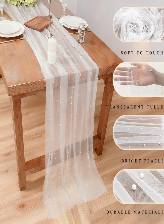 Psasrm Set of 6 Pearl Table Runner 10ft, 29 * 120 Inch White Table Cloth Pearl Sheer Tulle Table Cover,Pearl Table Runner for Wedding Party Baby Shower Birthday Home Decor - Image 5