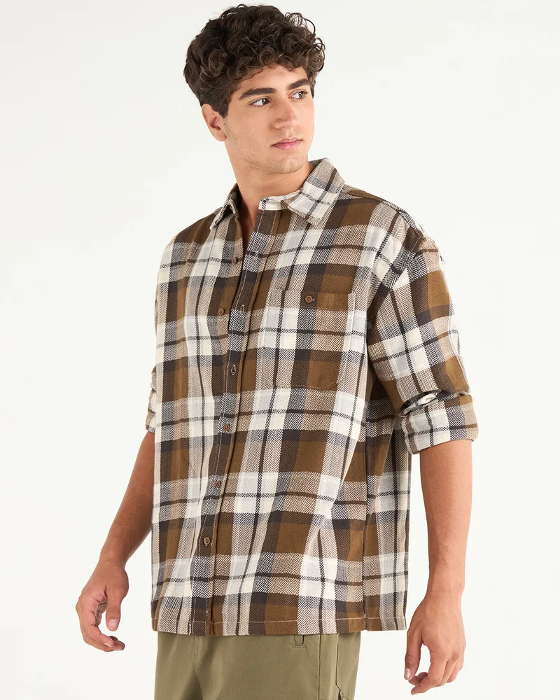 بيواكوف Men's Rust Orange Checked Oversized Shirt