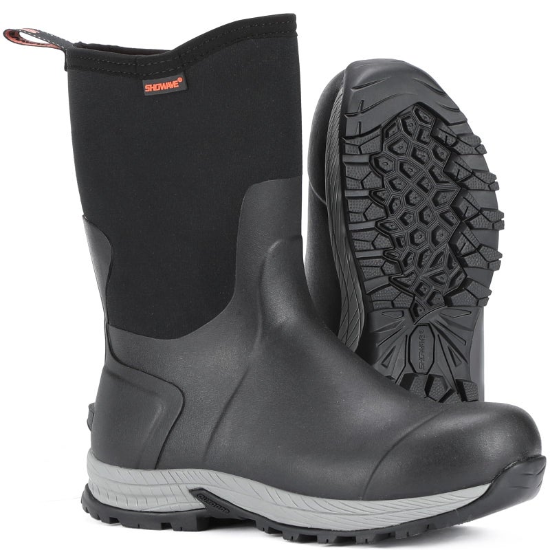 Showave Men's Rain Boots Excursion Rubber Boot Calf High Waterproof Insulated Mud Boots Outdoor Footwear for Trekking Gardening Farming Hunting Fishing, Black Size 12 - Image 1