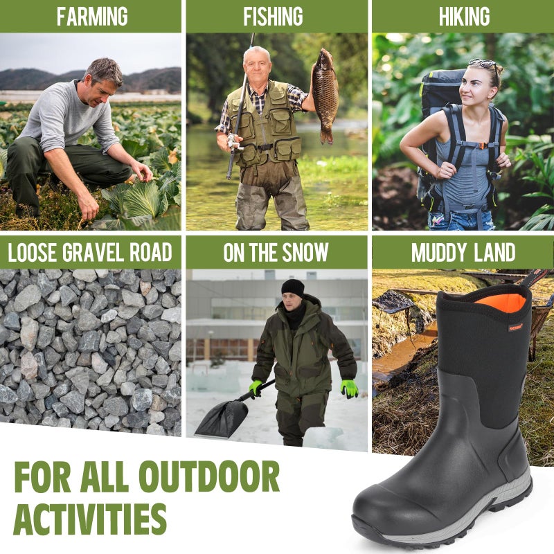 Showave Men's Rain Boots Excursion Rubber Boot Calf High Waterproof Insulated Mud Boots Outdoor Footwear for Trekking Gardening Farming Hunting Fishing, Black Size 12 - Image 2