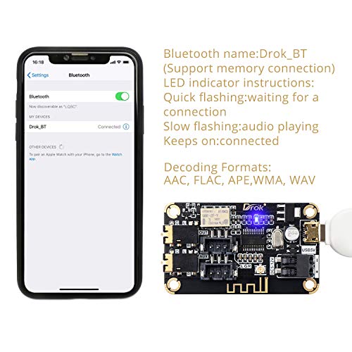 DROK Blue~Tooth Board, 12V Audio Receiver Blue~Tooth Module DC 5V-12V Portable Wire~Less Electronics Stereo Music Receive Circuit Chip with Micro USB Port for Headphone Speaker Home Sound System DIY - Image 4