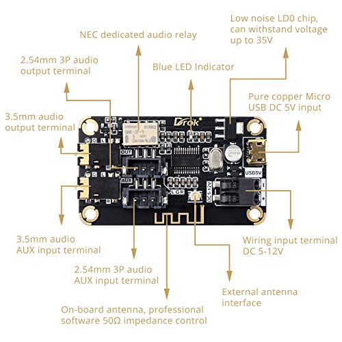 DROK Blue~Tooth Board, 12V Audio Receiver Blue~Tooth Module DC 5V-12V Portable Wire~Less Electronics Stereo Music Receive Circuit Chip with Micro USB Port for Headphone Speaker Home Sound System DIY - Image 2