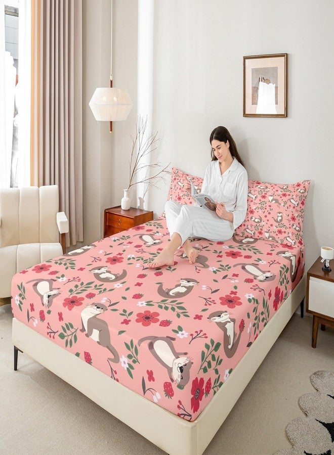 Castle Fairy طقم ملاءات سرير رائع بمقاس توأم من قطعتين مزين برسومات كرتونية وزهور الفراولة الوردية للأطفال الأولاد والبنات وغطاء سرير على طراز ريفي برسومات حيوانات برية لطيفة مع كيس وسادة واحد - Image 4