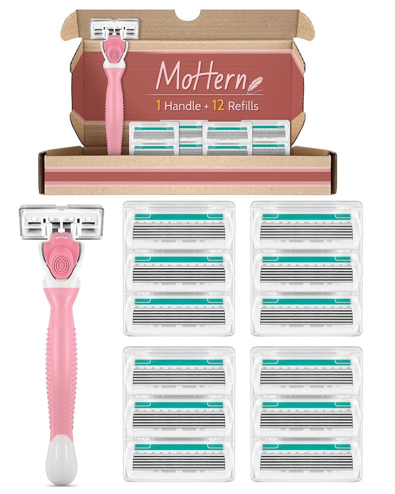 Razors for Women Sensitive Skin 6 Blades Womens razors for Shaving Including 1 Travel Razors for Women with 12 Blade Refills Pink