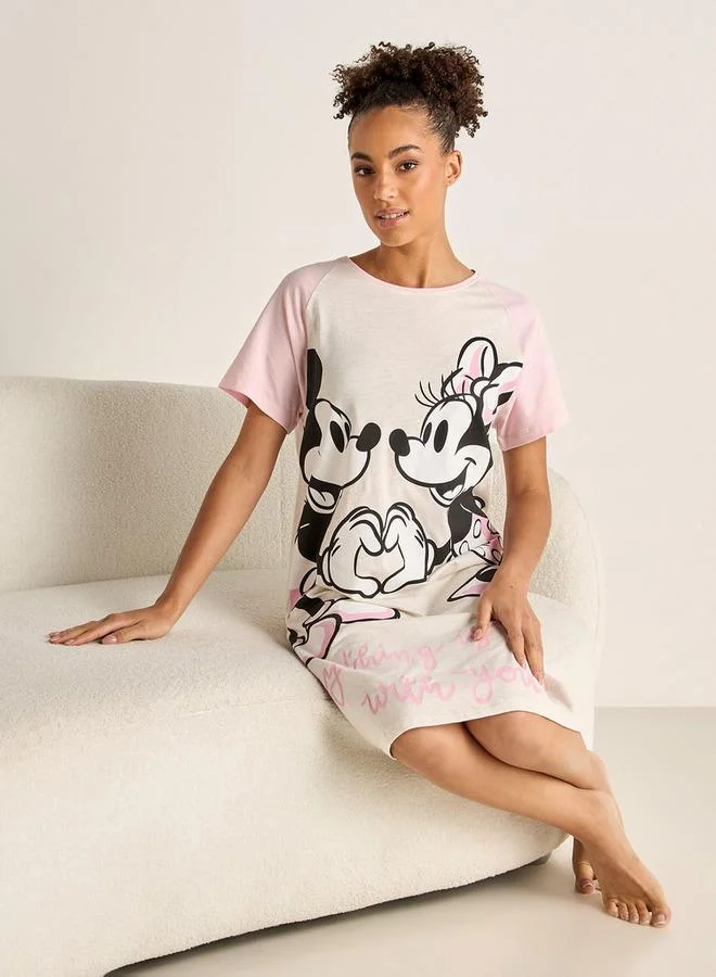 Splash FAV Mickey and Minnie Mouse Print Sleepshirt with Round Neck and Short Sleeves