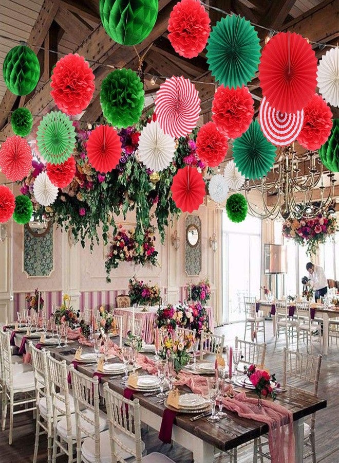 Zilue Hanging Party Decorations Set Tissue Paper Fan Paper Pom Poms Flowers and Honeycomb Ball for Christmas Wedding Engagement Graduation Party Decor Green Red Kit - Image 3