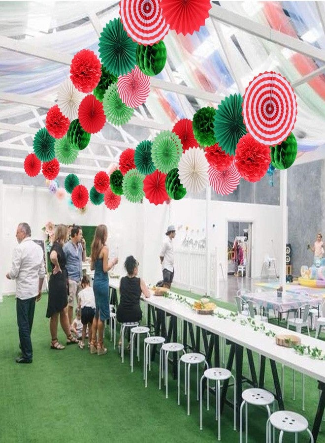 Zilue Hanging Party Decorations Set Tissue Paper Fan Paper Pom Poms Flowers and Honeycomb Ball for Christmas Wedding Engagement Graduation Party Decor Green Red Kit - Image 4