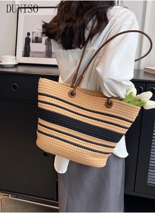 DUNISO - Women's Shoulder Tote Bag Straw Design Handbag for Women Large Capacity Bucket Bag Fashionable Travel Messenger Shoulder Bag for Ladies Girls College Students - Image 1