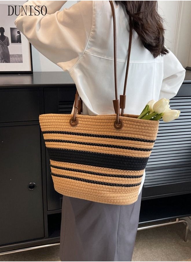 DUNISO - Women's Shoulder Tote Bag Straw Design Handbag for Women Large Capacity Bucket Bag Fashionable Travel Messenger Shoulder Bag for Ladies Girls College Students - Image 1