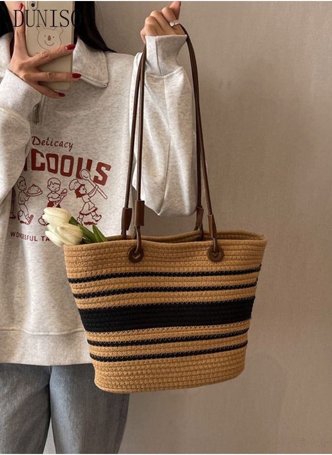 DUNISO - Women's Shoulder Tote Bag Straw Design Handbag for Women Large Capacity Bucket Bag Fashionable Travel Messenger Shoulder Bag for Ladies Girls College Students - Image 1