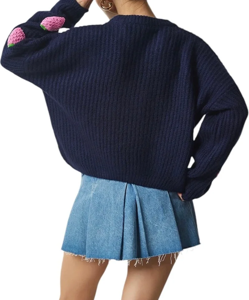 Afa Women's Strawberry Patterned Navy Blue Knitwear Sweater