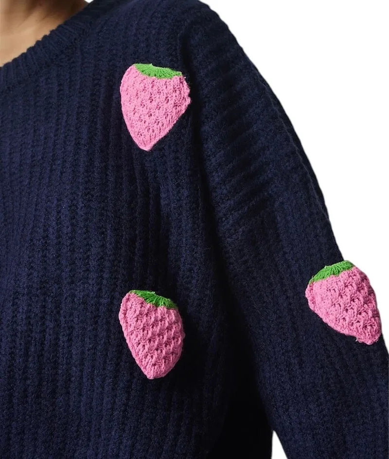 Afa Women's Strawberry Patterned Navy Blue Knitwear Sweater
