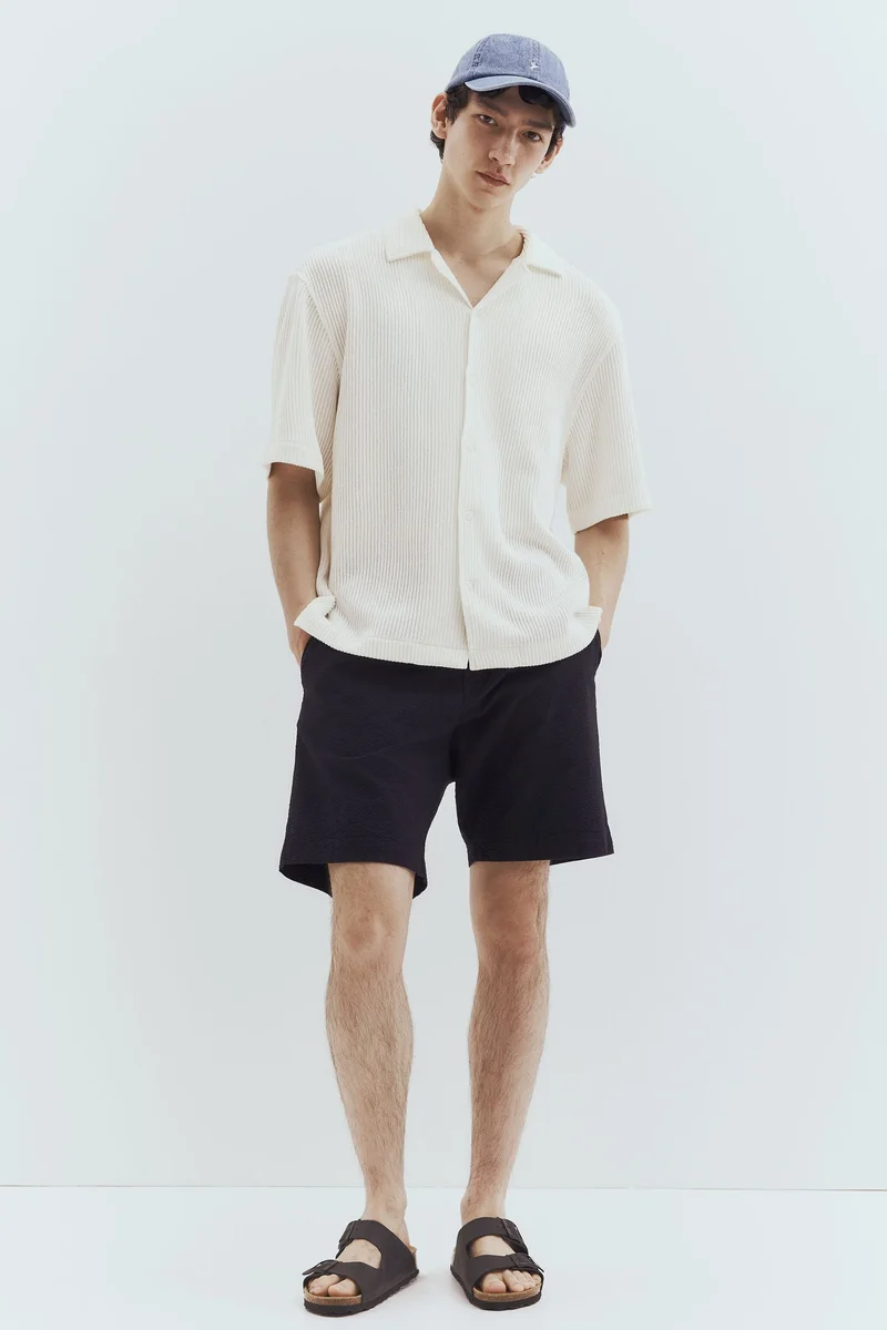 H&M White Dusty Light Loose Fit Ribbed resort shirt for Men | Best Price UAE