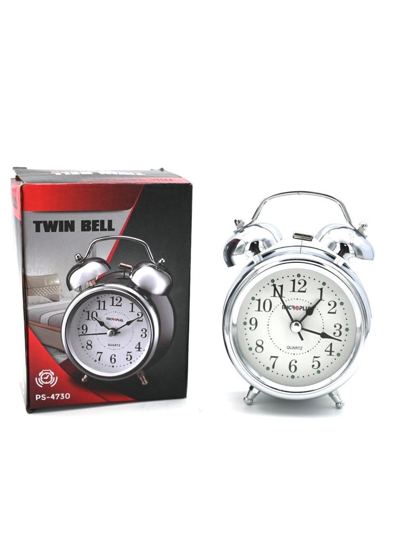 Microplus - Twin Bell Quartz Analog Alarm Clock, Modern Vintage Design, Touch-Activated Backlight, Loud Alarm Silver PS-4730 - Image 1