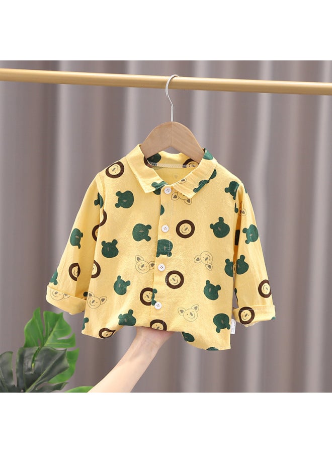 Kids Green Bear Yellow Print Long Sleeve Shirt, Cute Cartoon Button Down Shirt