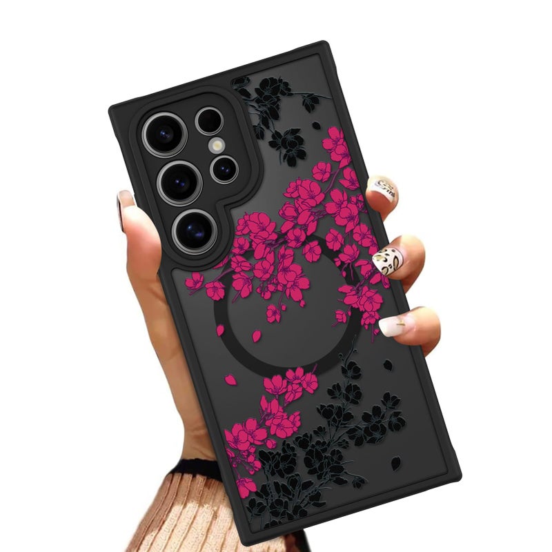 OOK Case Fit for Samsung Galaxy S24 Ultra 6.8 Inch (Wireless Charging Compatible) Hot Pink Floral Flowers Translucent Phone Cover Soft TPU + Hard PC Anti-Scratch Shockproof Magnetic Case for Women - Image 1