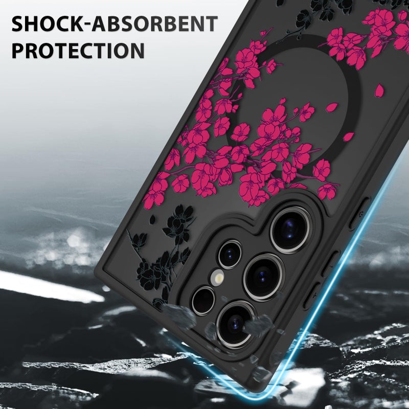 OOK Case Fit for Samsung Galaxy S24 Ultra 6.8 Inch (Wireless Charging Compatible) Hot Pink Floral Flowers Translucent Phone Cover Soft TPU + Hard PC Anti-Scratch Shockproof Magnetic Case for Women - Image 4