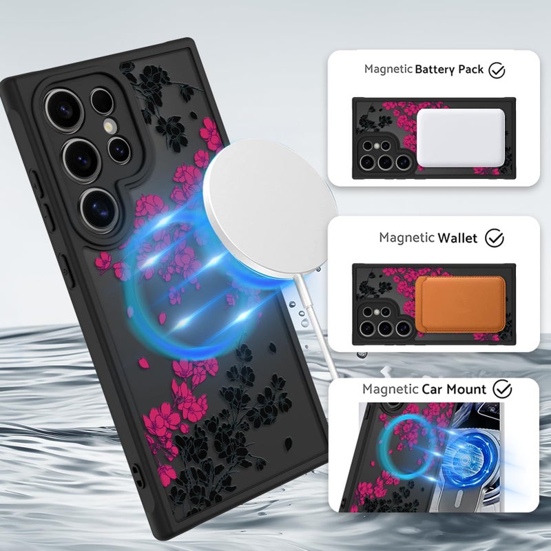 OOK Case Fit for Samsung Galaxy S24 Ultra 6.8 Inch (Wireless Charging Compatible) Hot Pink Floral Flowers Translucent Phone Cover Soft TPU + Hard PC Anti-Scratch Shockproof Magnetic Case for Women - Image 2
