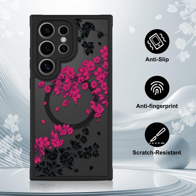OOK Case Fit for Samsung Galaxy S24 Ultra 6.8 Inch (Wireless Charging Compatible) Hot Pink Floral Flowers Translucent Phone Cover Soft TPU + Hard PC Anti-Scratch Shockproof Magnetic Case for Women - Image 5