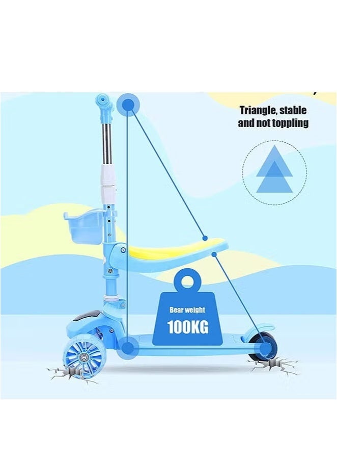 يلا جوي سكوتر قابل للطي 2 في 1 قابل للطي بمقعد، 4 عجلات فلاش قابلة للتعديل، ارتفاع قابل للتعديل، سطح عريض للغاية، أنشطة خارجية للأطفال الصغار الأولاد والبنات (أزرق) - Image 5