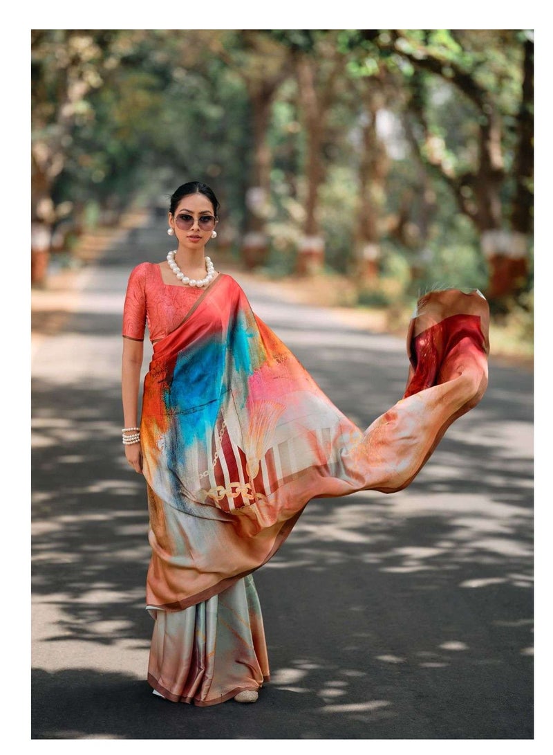 Grab Mantra Multicolour with Beige Base Satin Silk Saree with Unstitched Blouse  - Image 2
