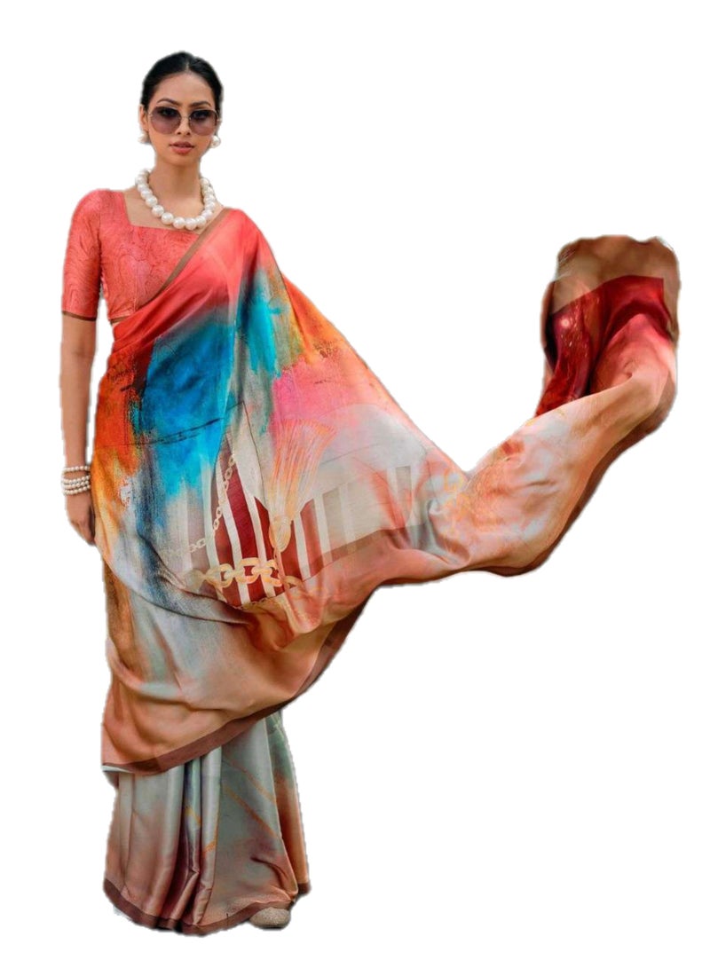 Grab Mantra Multicolour with Beige Base Satin Silk Saree with Unstitched Blouse  - Image 1