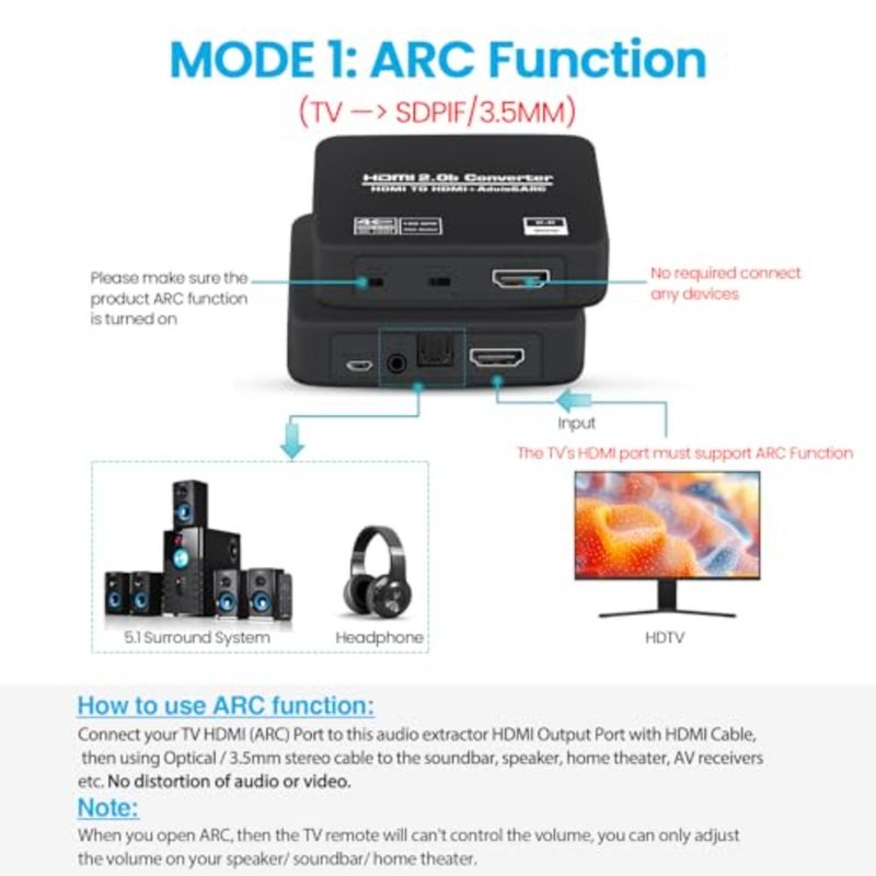 مقسم مستخرج الصوت 4K@60 هرتز HDMI 2.0b للمسرح المنزلي، سبائك الألومنيوم الأسود، يدعم Toslink SPDIF البصري المتزامن وإخراج تناظري 3.5 مم - Image 2