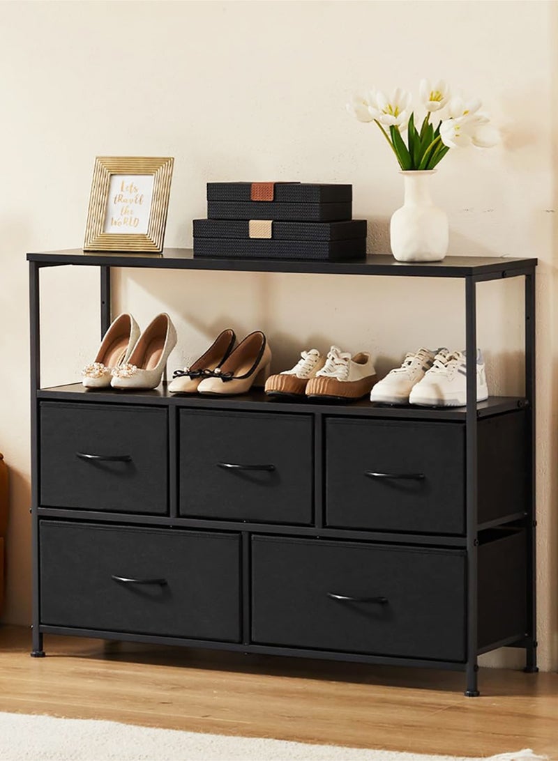 Yanara Storage Cabinet with 5 Fabric Drawers and Open Shelf for 45" TV - Large Black Storage Console for Bedroom, Living Room, or Dorm Organization - Image 1
