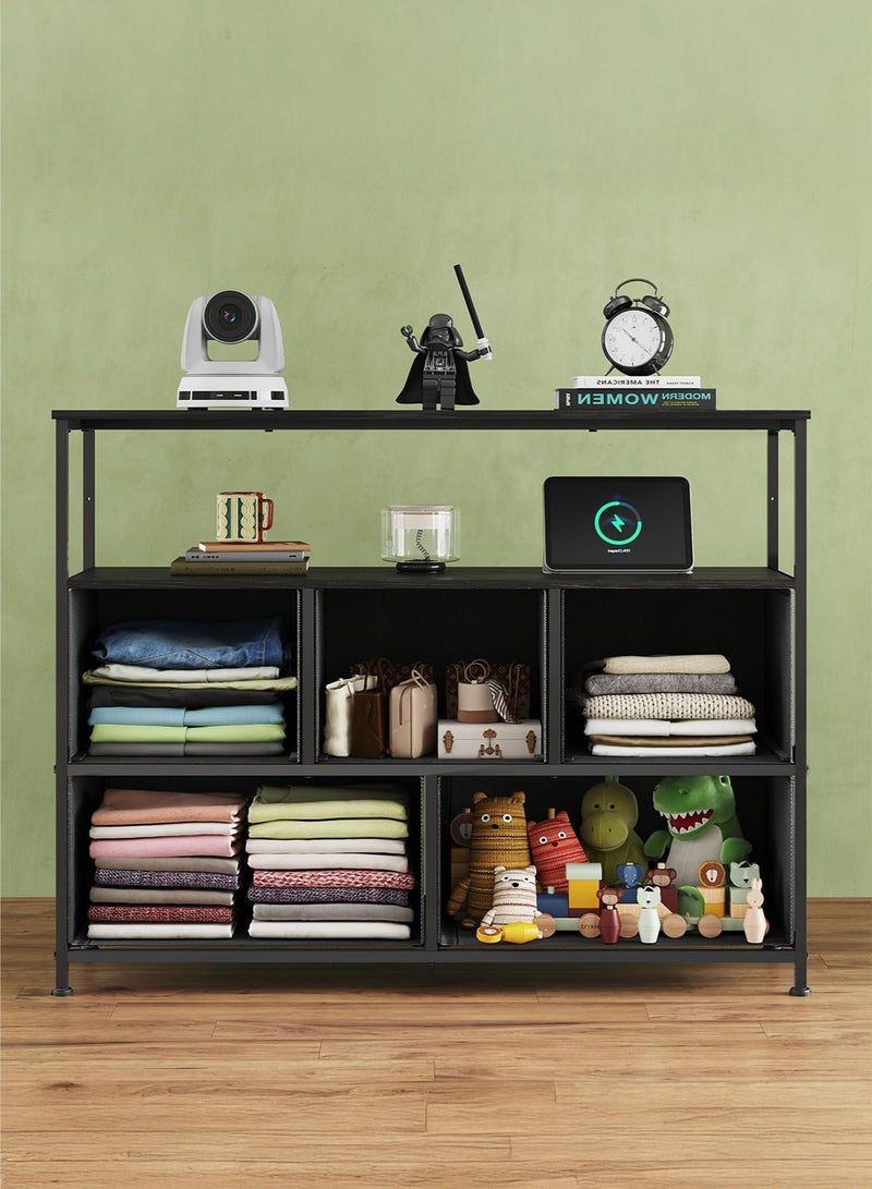 Yanara Storage Cabinet with 5 Fabric Drawers and Open Shelf for 45" TV - Large Black Storage Console for Bedroom, Living Room, or Dorm Organization - Image 5