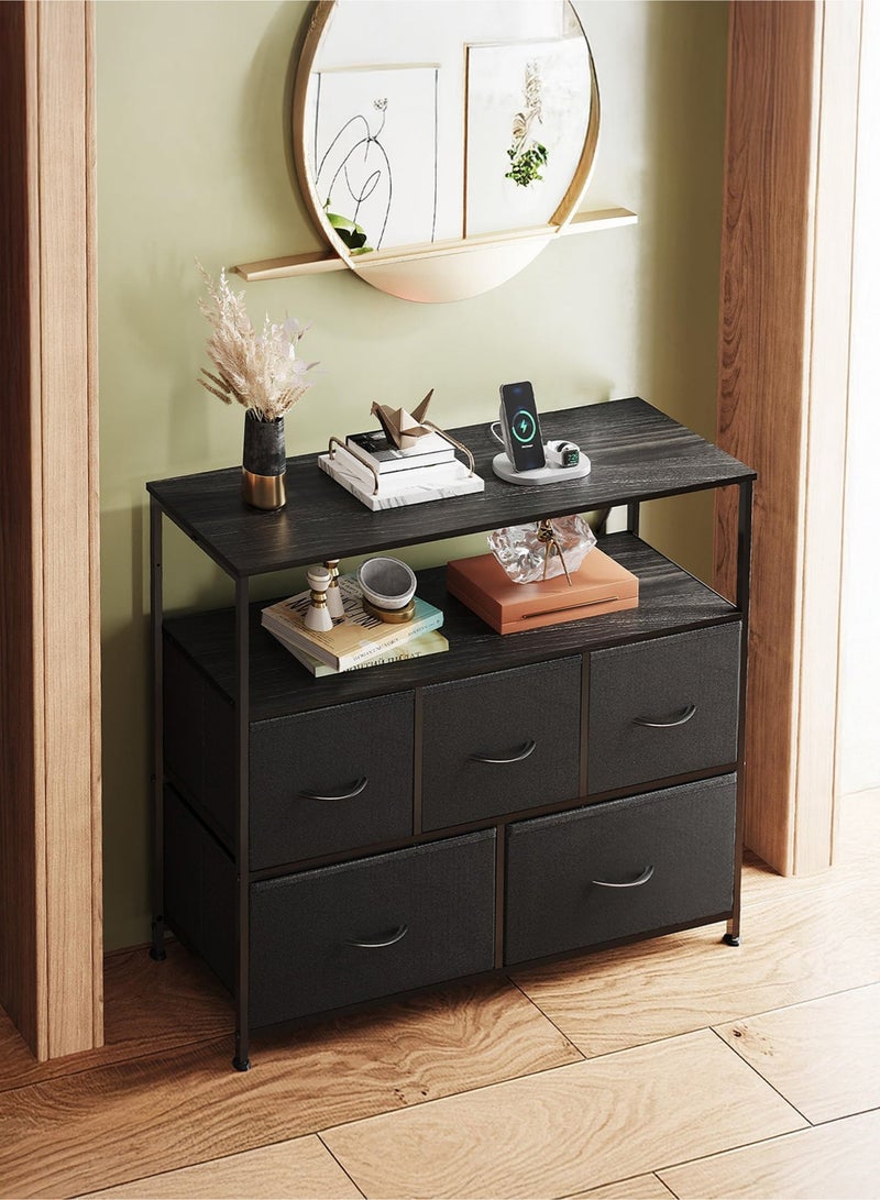 Yanara Storage Cabinet with 5 Fabric Drawers and Open Shelf for 45" TV - Large Black Storage Console for Bedroom, Living Room, or Dorm Organization - Image 2
