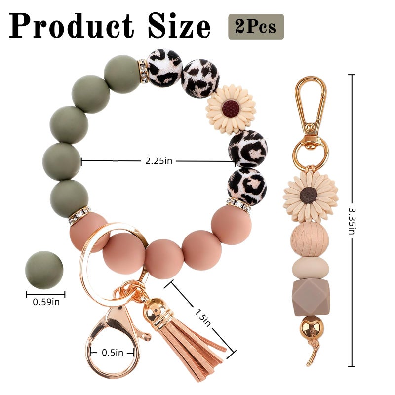 Qubusm 2PCS Bracelet Key Ring Set, Cute Car Key chain Wristlet, Silicone Beaded Bangle keyChains for Women Girls (Classic,Green) - Image 5