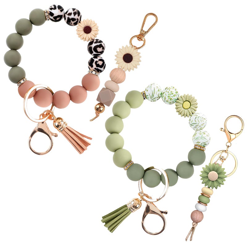 Qubusm 2PCS Bracelet Key Ring Set, Cute Car Key chain Wristlet, Silicone Beaded Bangle keyChains for Women Girls (Classic,Green) - Image 1