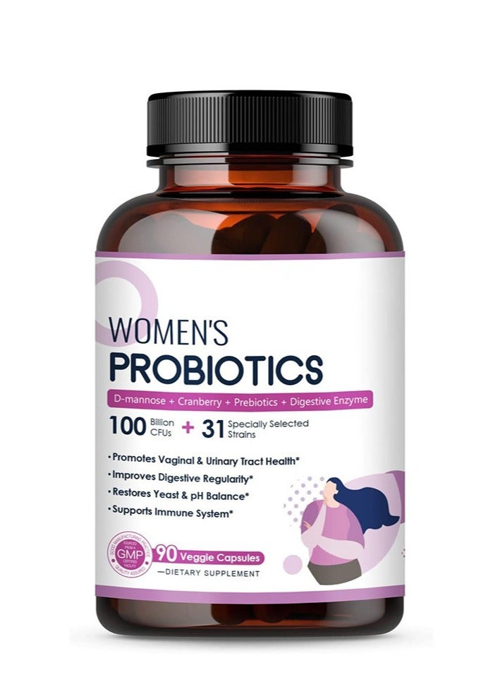 Probiotic Live Women's Probiotic, 90 Capsule 100 Billion CFU 6 Strains, with Organic Prebiotics Cranberry, Digestive Immune, Shelf Stable, Delayed Release, No Soy Gluten Dairy - Image 1