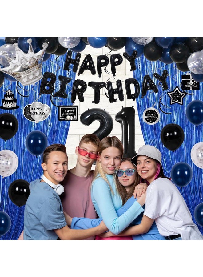 Purtarly 21st Birthday Decorations for Him, Blue Black Happy 21st Birthday Decorations for Men Women 21 Year Old Birthday Balloons Banner, Tablecloth, Fringe Curtains Hanging Swirls 21 Bday Party Decor for Her - Image 5