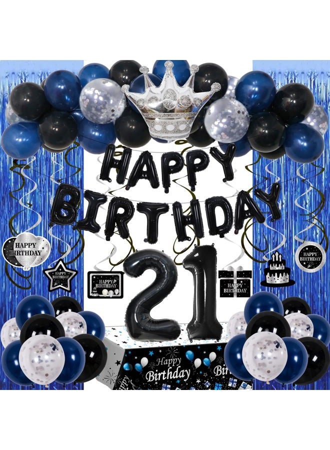 Purtarly 21st Birthday Decorations for Him, Blue Black Happy 21st Birthday Decorations for Men Women 21 Year Old Birthday Balloons Banner, Tablecloth, Fringe Curtains Hanging Swirls 21 Bday Party Decor for Her - Image 1