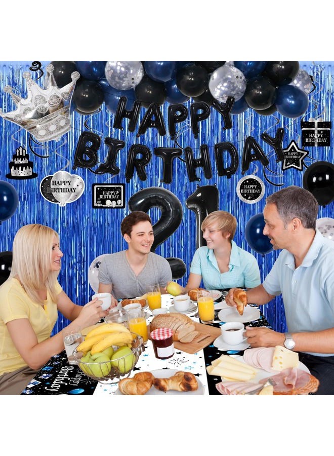 Purtarly 21st Birthday Decorations for Him, Blue Black Happy 21st Birthday Decorations for Men Women 21 Year Old Birthday Balloons Banner, Tablecloth, Fringe Curtains Hanging Swirls 21 Bday Party Decor for Her - Image 4