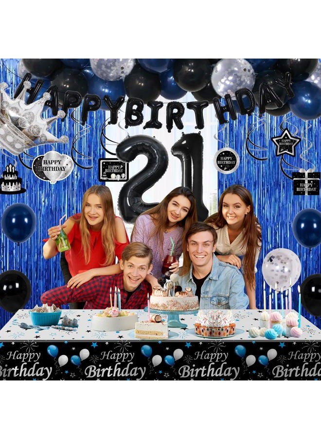 Purtarly 21st Birthday Decorations for Him, Blue Black Happy 21st Birthday Decorations for Men Women 21 Year Old Birthday Balloons Banner, Tablecloth, Fringe Curtains Hanging Swirls 21 Bday Party Decor for Her - Image 2