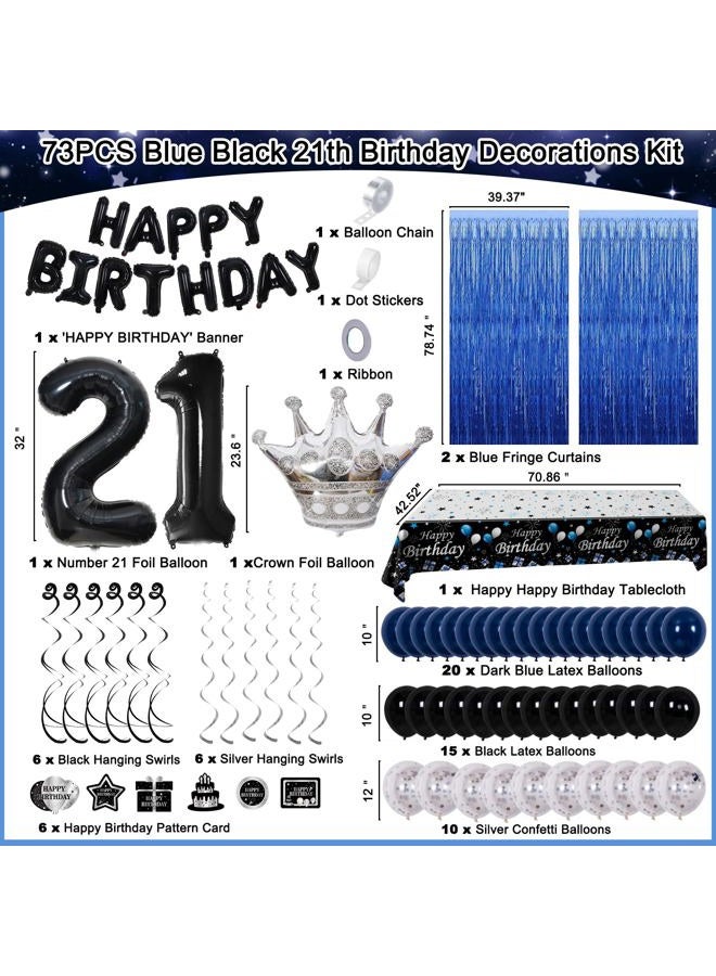Purtarly 21st Birthday Decorations for Him, Blue Black Happy 21st Birthday Decorations for Men Women 21 Year Old Birthday Balloons Banner, Tablecloth, Fringe Curtains Hanging Swirls 21 Bday Party Decor for Her - Image 3