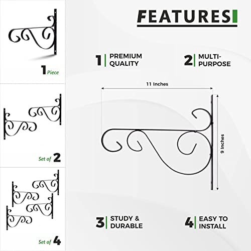 Sharpex Wall Mounted Metal Bracket | Decorative Wall Hook Plant Hanger for Hanging Pots, Bird Feeders, Flower Baskets, Planters, Lanterns, Lamps, and Wind Chimes for Indoor/Outdoor Use (Black, 4 Pc) - Image 2