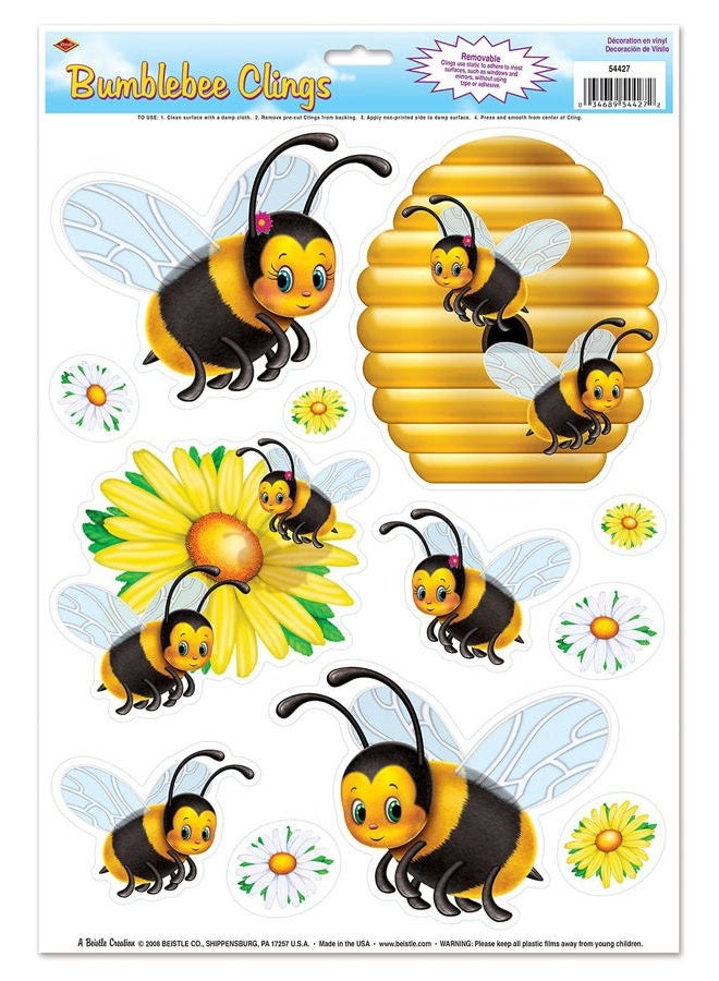 Beistle Bumblebee Clings 1 Sheet Spring and Summer Window Decorations, 12" x 17", Black/Yellow/White/Orange - Image 1