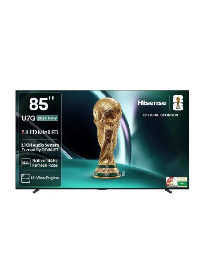 هايسنس تلفزيون ذكي 85 بوصة 4K UHD بتقنية Mini LED، تلفزيون ألعاب ULED بتردد 144Hz VRR، Dolby Vision Atmos، وضع الرياضة الذكي AI، حركة سلسة AI، محسن AI 4K، ضمان لمدة 2 سنة - Image 1