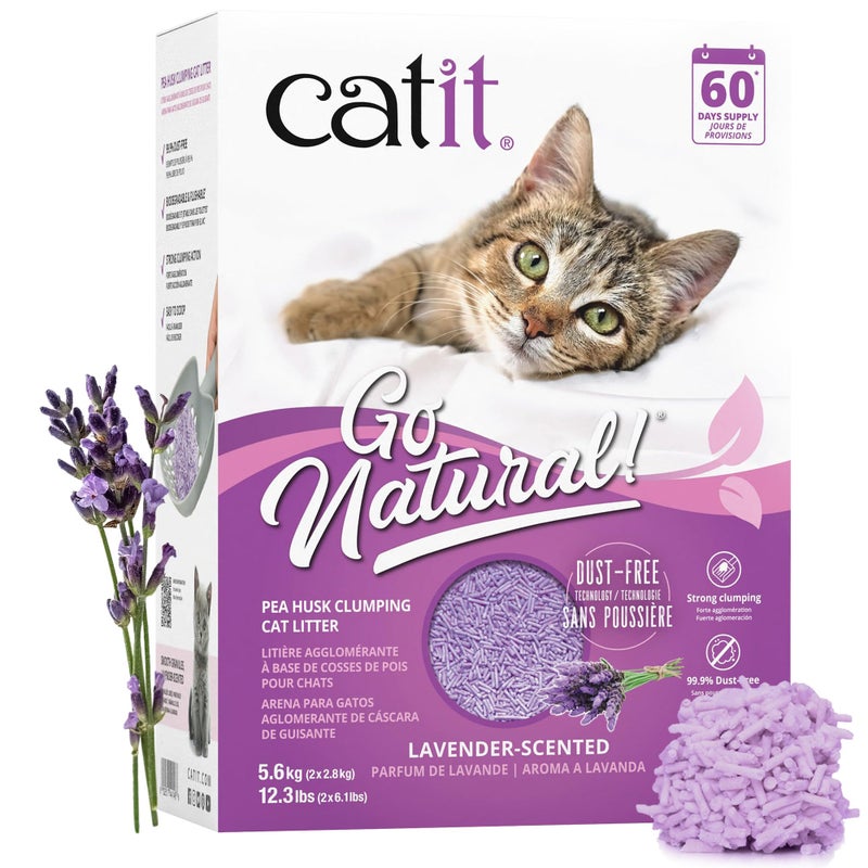 Catit - Go Natural Pea Husk Clumping Cat Litter - Lightweight, Dust Free, Easy Cleaning & Scooping, Flushable Kitty Litter with Odor Control & Subtle Fragrance - 12.3 Lbs, Lavender Scented - Image 1